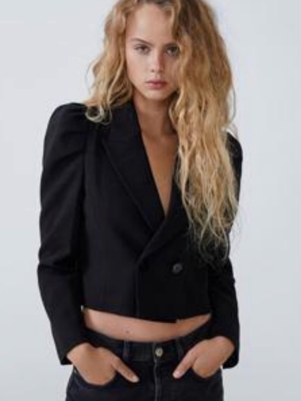 Zara Cropped Black Double-Breasted Puff-Shoulder Blazer Jacket